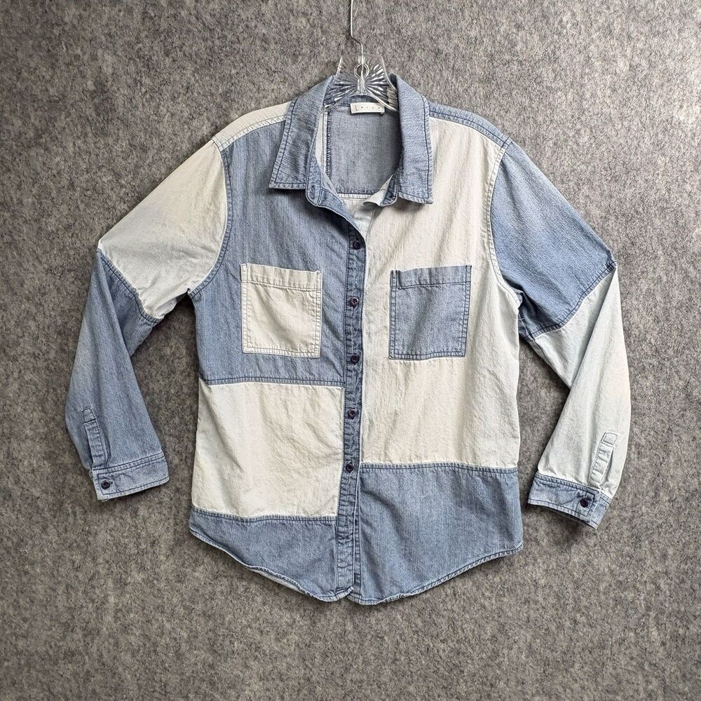Leith Chambray Patchwork Blue Distressed Button Down Shirt Size Medium